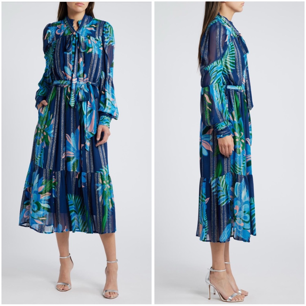CIEBON Adele Metallic Long Sleeve Midi Dress